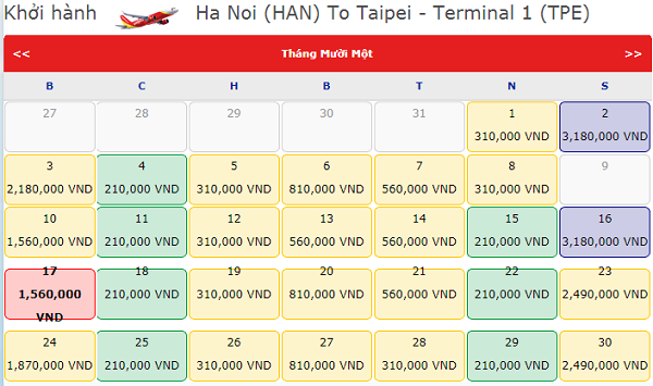 Giá vé máy bay Hà Nội đi Đài Loan hãng Vietjet Air