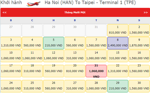 Giá vé máy bay Hà Nội đi Đài Bắc hãng Vietjet Air