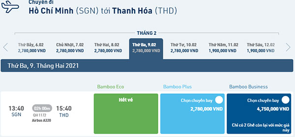 Vé Tết Sài Gòn Thanh Hóa hãng Bamboo Airways bao nhiêu tiền ?