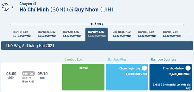Vé Tết Sài Gòn Quy Nhơn hãng Bamboo Airways bao nhiêu tiền ?