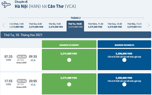 Giá vé máy bay Tết Bamboo Airways chặng Hà Nội – Cần Thơ
