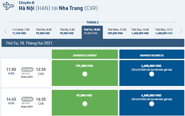 Giá vé máy bay Tết 2021 chặng Hà Nội - Nha Trang hãng Bamboo Airways