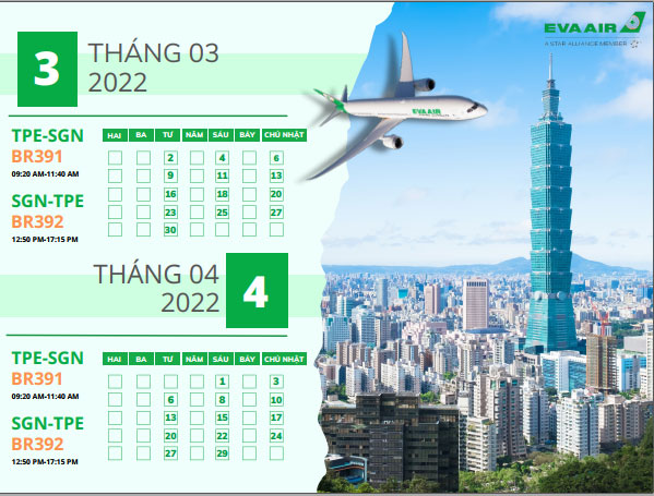 Eva Air cập nhật lịch bay tháng 3 - 4 từ Sài Gòn - Đài Bắc