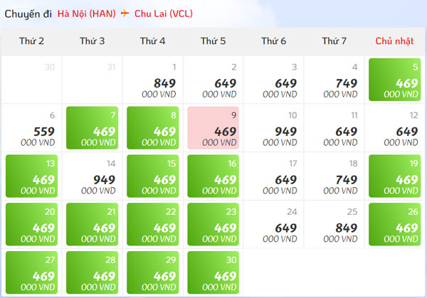 Giá vé máy bay đi Chu Lai tháng 6 hãng Vietjet Air