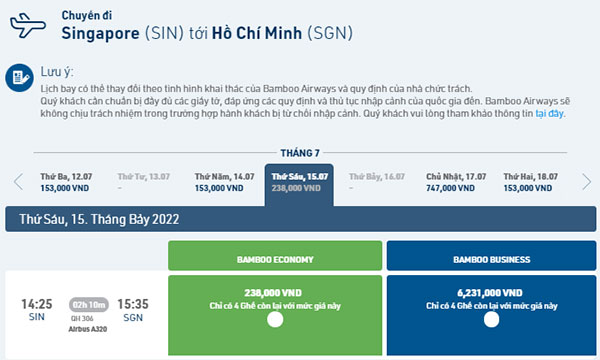 Giá vé Từ TPHCM - Singapore Bamboo Airways