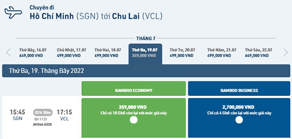 Giá vé máy bay đi Chu Lai tháng 7 hãng Bamboo Airways