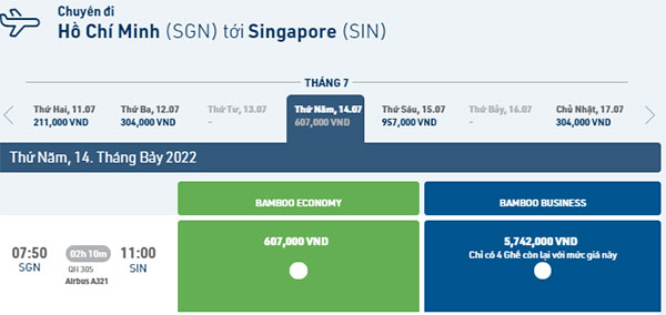 Giá vé Từ TPHCM - Singapore Bamboo Airways