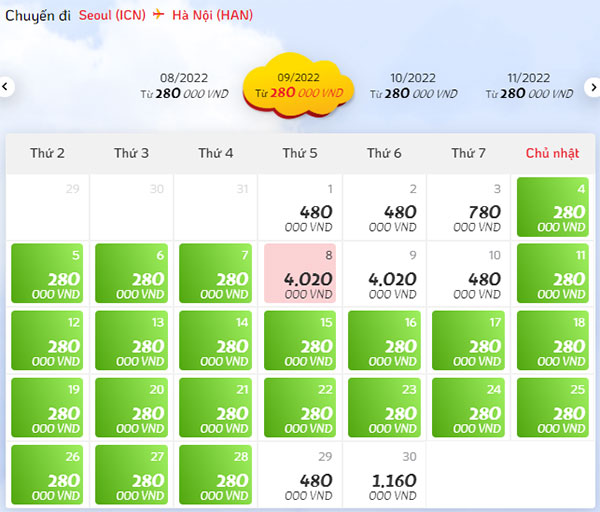 Giá vé Seoul - Hà Nội hãng Vietjet