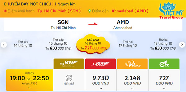 Giá vé Vietjet Air đi từ Sài Gòn đến Ahmedabad 