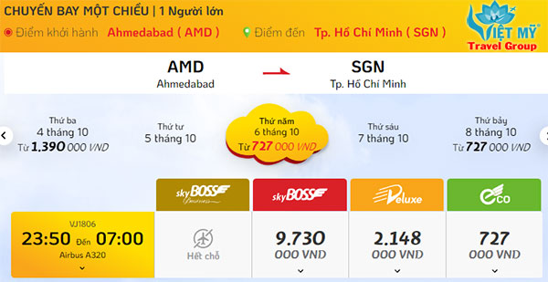 Giá vé Vietjet Air đi từ Sài Gòn đến Ahmedabad 