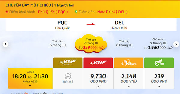 Giá vé máy bay Phú Quốc đi New Delhi bay Vietjet