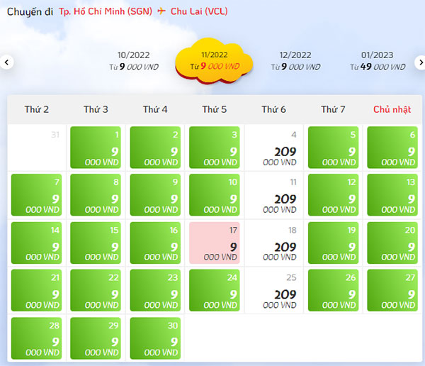 Giá vé đi Chu Lai tháng 11 hãng Vietjet Air