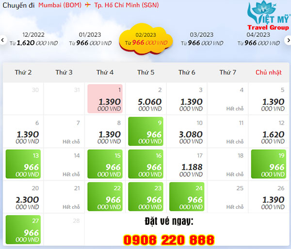Giá vé báy bay từ Mumbai về Sài Gòn hãng Vietjet Air