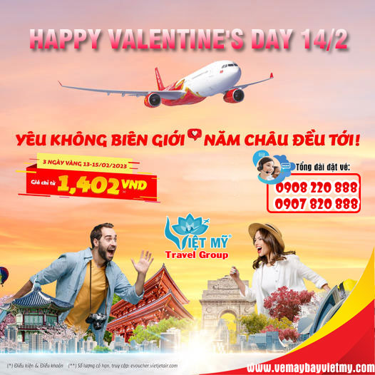 Vietjet khuyến mãi Valentine - Vé bay đồng giá chỉ từ 1,402 VNĐ