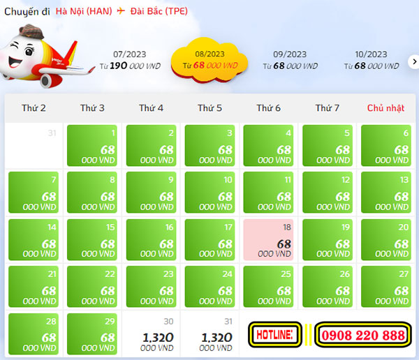 Giá rẻ Vietjet từ Nội Bài đi Taipei Đài Loan 