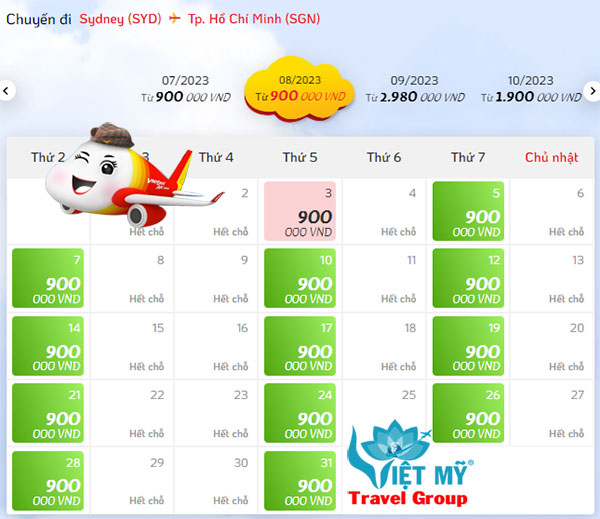 Giá vé máy bay từ Sydney (SYD) về Sài Gòn (SGN) hãng Vietjet Air