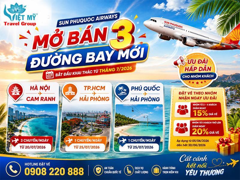 Sun PhuQuoc Airways mở 3 đường bay mới Cam Ranh, Hải Phòng và Phú Quốc