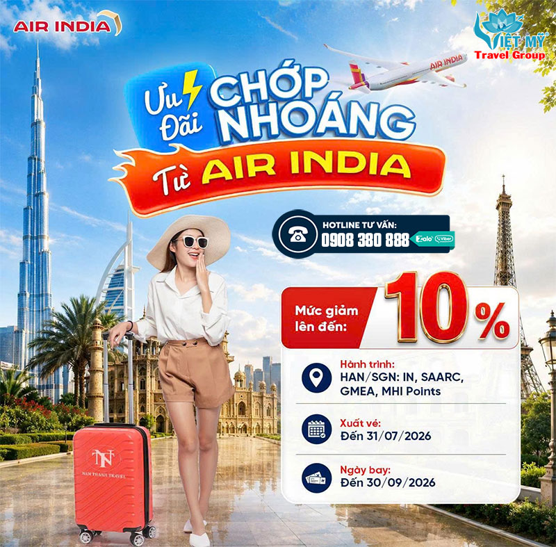 Ưu đãi chớp nhoáng từ Air India - Giảm sốc đến 10%
