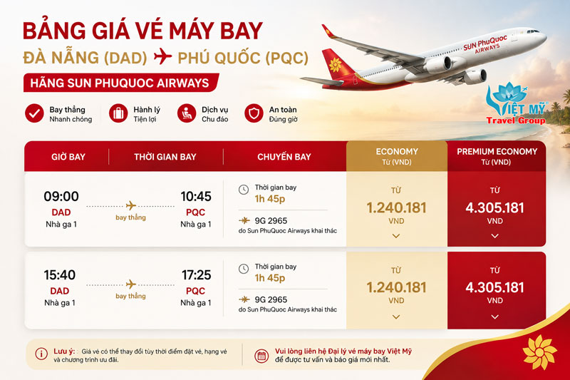Vé máy bay từ Đà Nẵng (DAD) đi Phú Quốc (PQC) hãng Sun PhuQuoc Airways