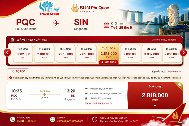 Giá vé máy bay Phú Quốc đi Singapore bao nhiêu?