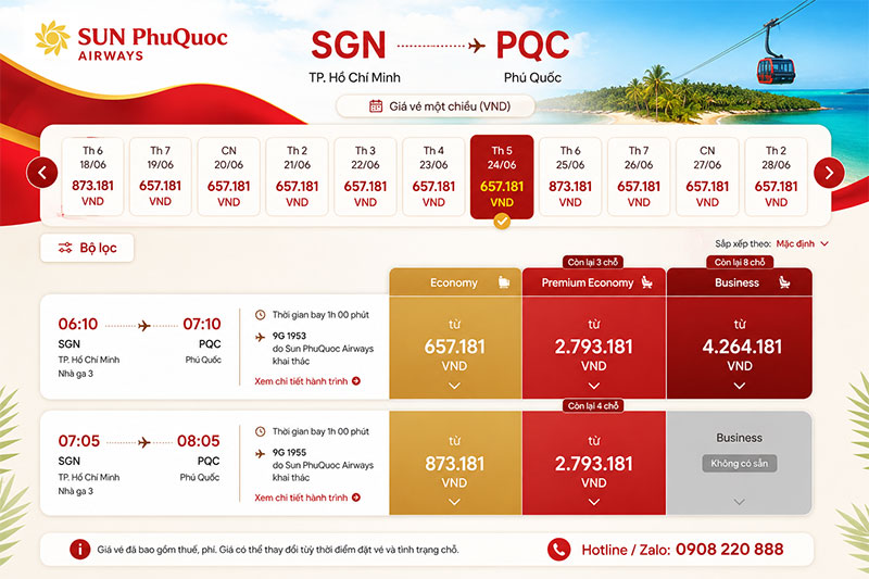 Giá Vé máy bay từ Sài Gòn (SGN) đi Phú Quốc (PQC) hãng Sun PhuQuoc Airways 