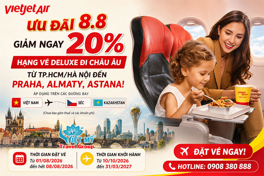 Vietjet Air ưu đãi 8.8 – Giảm ngay 20% hạng vé Deluxe đi Châu Âu