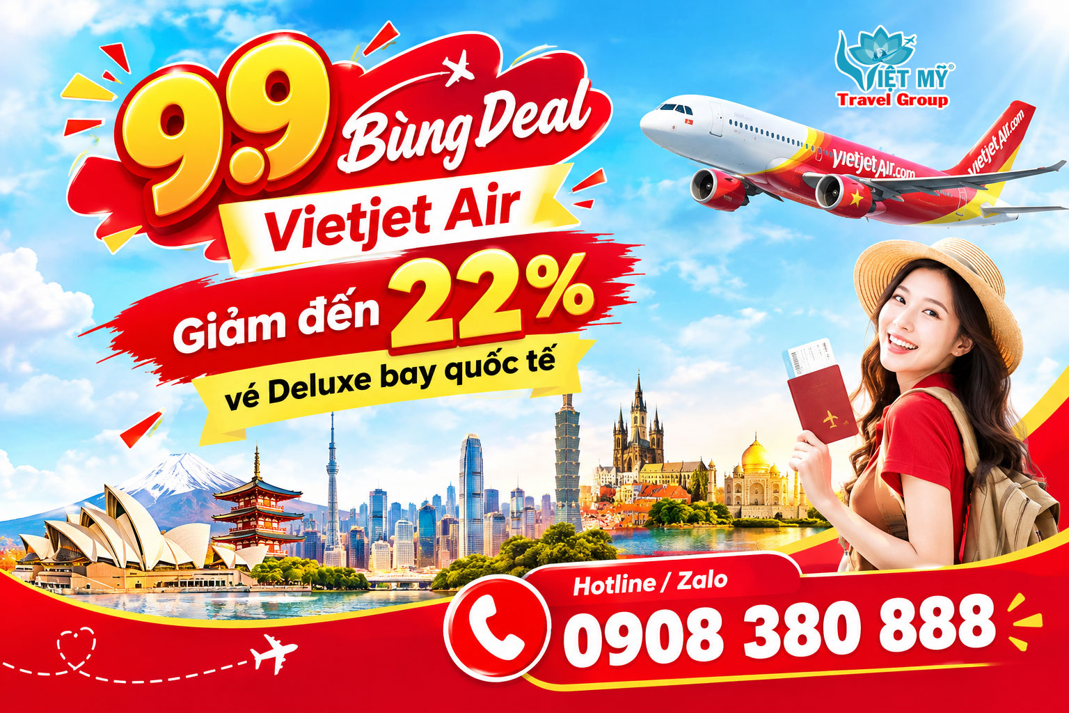 9.9 Bùng Deal - Vietjet Air giảm đến 22% vé Deluxe bay quốc tế