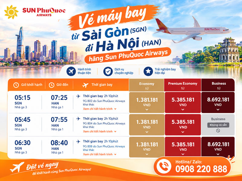 Giá vé máy bay Sài Gòn đi Hà Nội hãng Sun PhuQuoc Airways