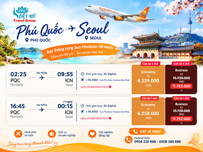 Giá vé máy bay Phú Quốc (PQC) đi Seoul (ICN) hãng Sun PhuQuoc Airways