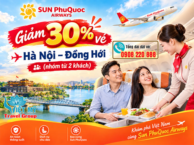 Sun PhuQuoc Airways giảm 30% vé Hà Nội – Đồng Hới nhóm từ 2 khách