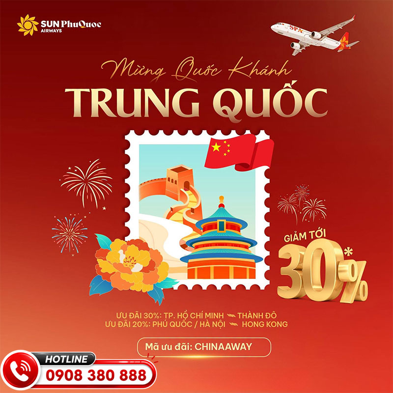 Mừng Quốc Khánh Trung Quốc - Sun PhuQuoc Airways giảm tới 30% giá vé