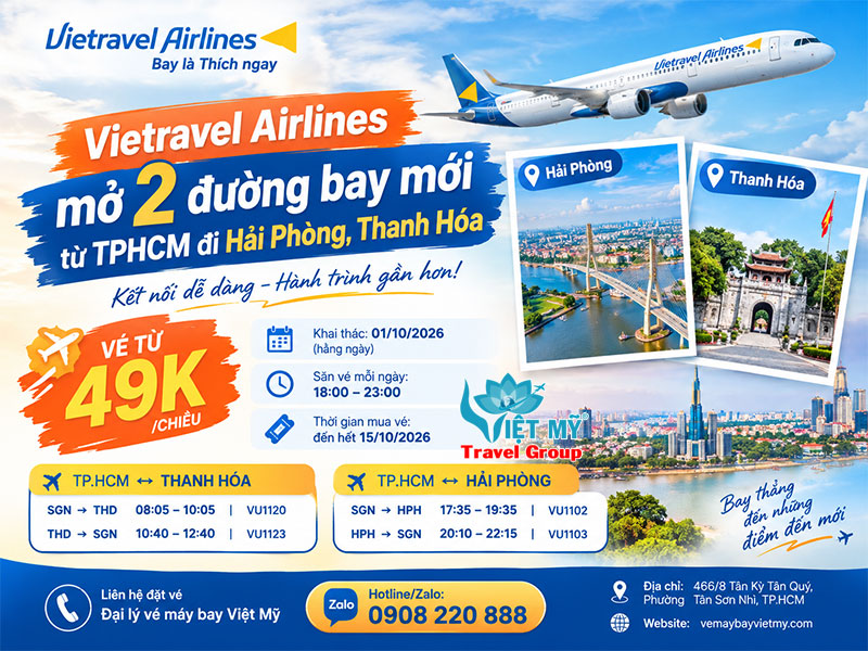 Vietravel Airlines mở 2 đường bay mới từ TPHCM đi Hải Phòng, Thanh Hóa