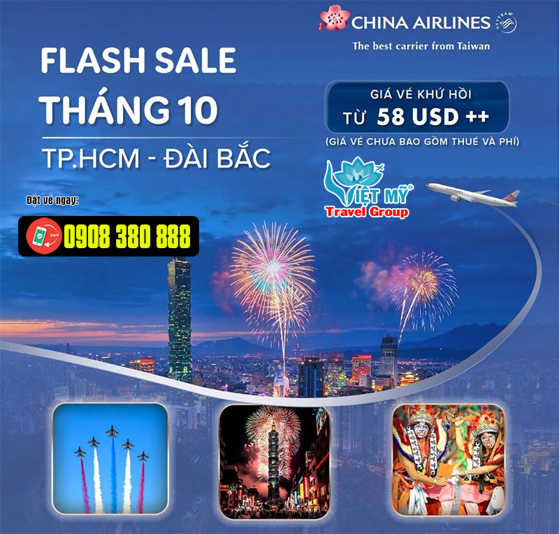 Flash Sale tháng 10 - Bay TPHCM - Đài Bắc khứ hồi chỉ từ 58 USD China Airlines