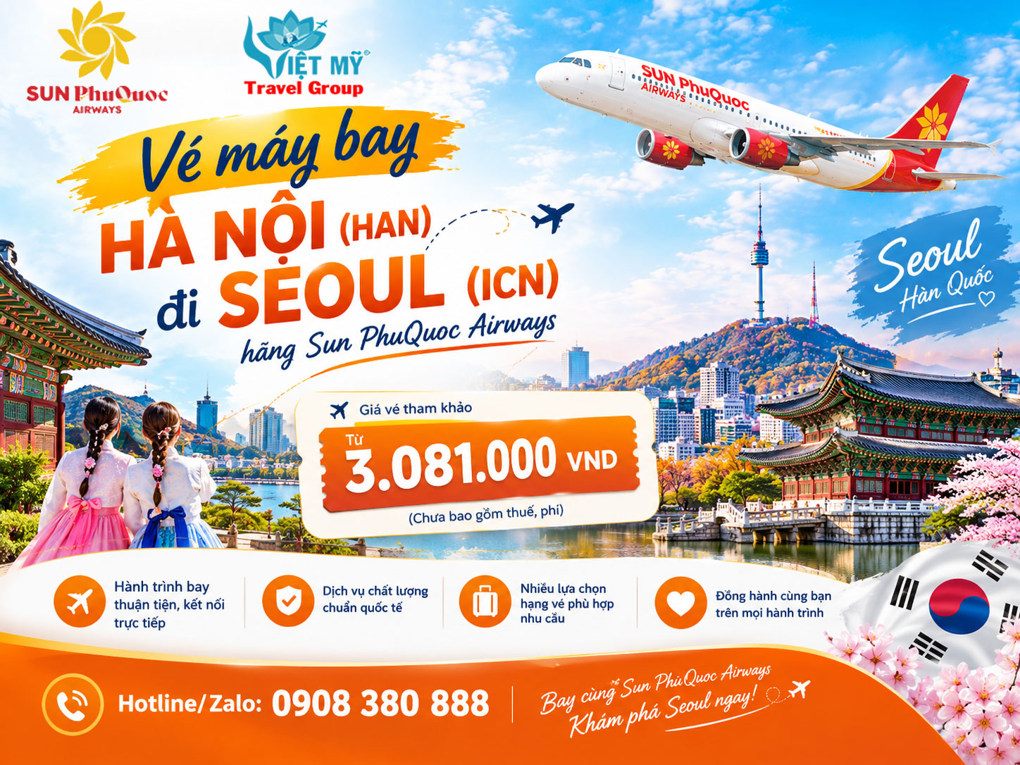 Vé máy bay Hà Nội (HAN) đi Seoul (ICN) hãng Sun PhuQuoc Airways